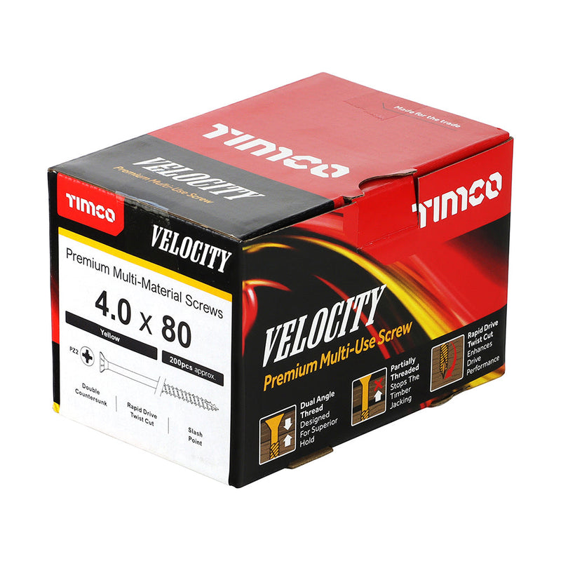 Velocity Premium Multi-Use Screws - PZ - Double Countersunk - Yellow - 4.0 x 80