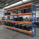 3x Heavy Duty Shelving - 2200mm High - Blue & Orange with 12x 62L Plastic Storage Boxes