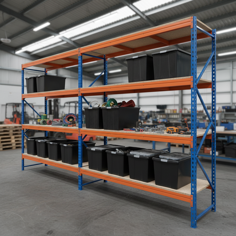 3x Heavy Duty Shelving - 2200mm High - Blue & Orange with 12x 62L Plastic Storage Boxes