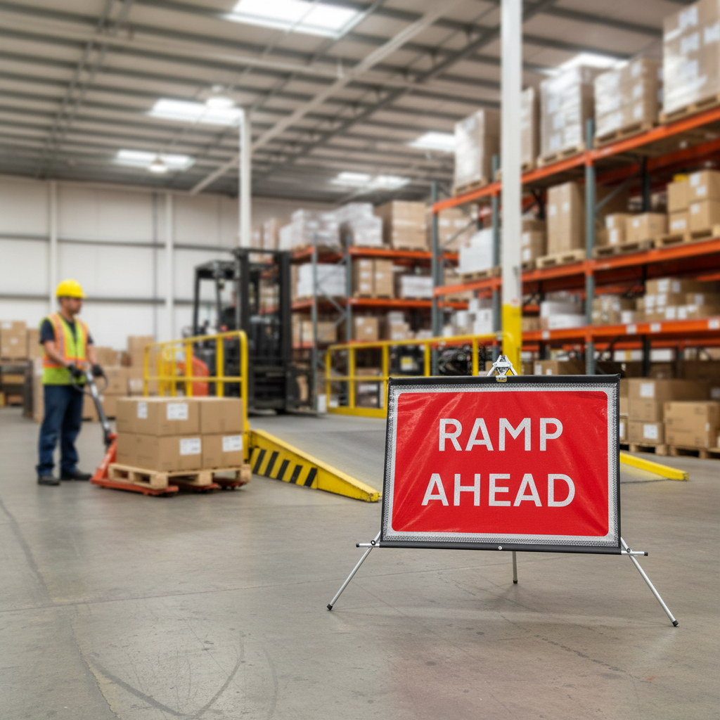 Wfs Ramp Head Sign Premium Roll-Up Ramp Ahead Road Sign 1050x750mm - Lightweight, Portabl