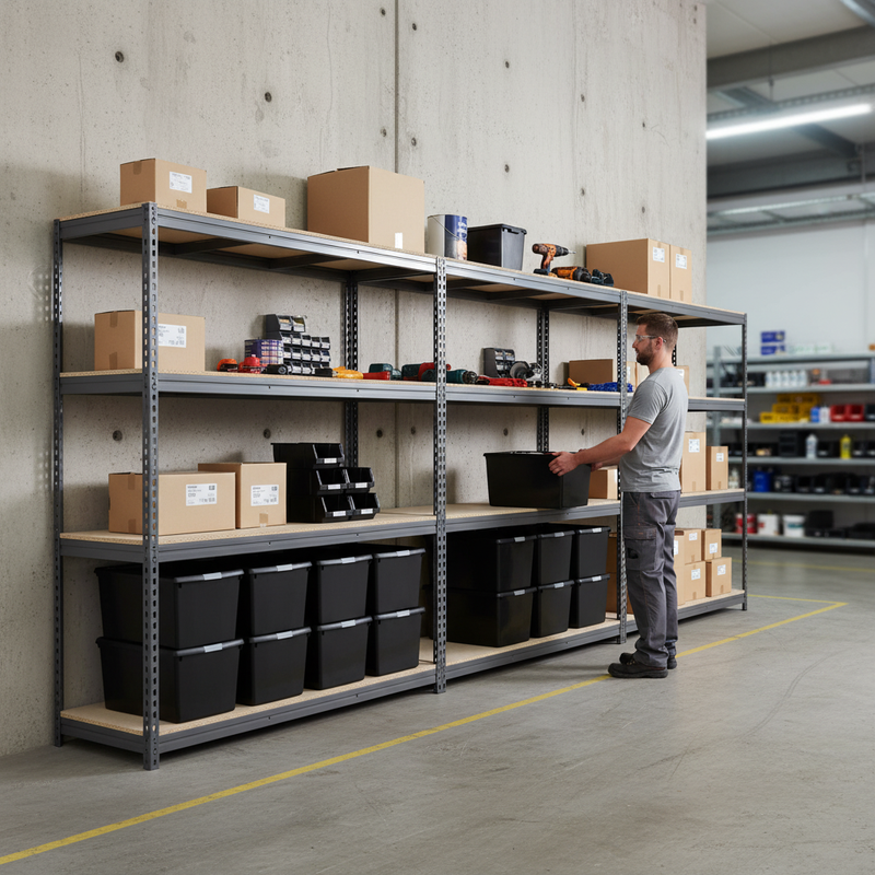 3x Premium Heavy Duty Shelving - 1800mm High - Grey with 8x 62L Plastic Storage Boxes