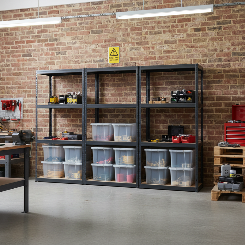 Premium 3x Shelving Unit - 1600mm High - Grey with 12x 60L Plastic Storage Boxes