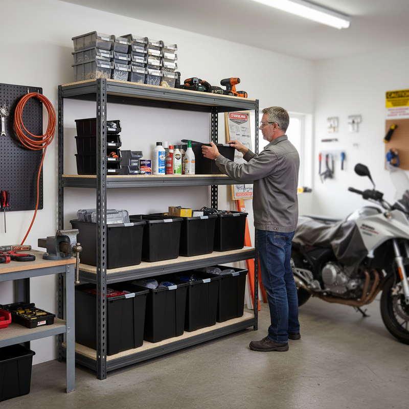 Premium Heavy Duty Shelving - 2200mm High - Grey with 8x 62L Plastic Storage Boxes
