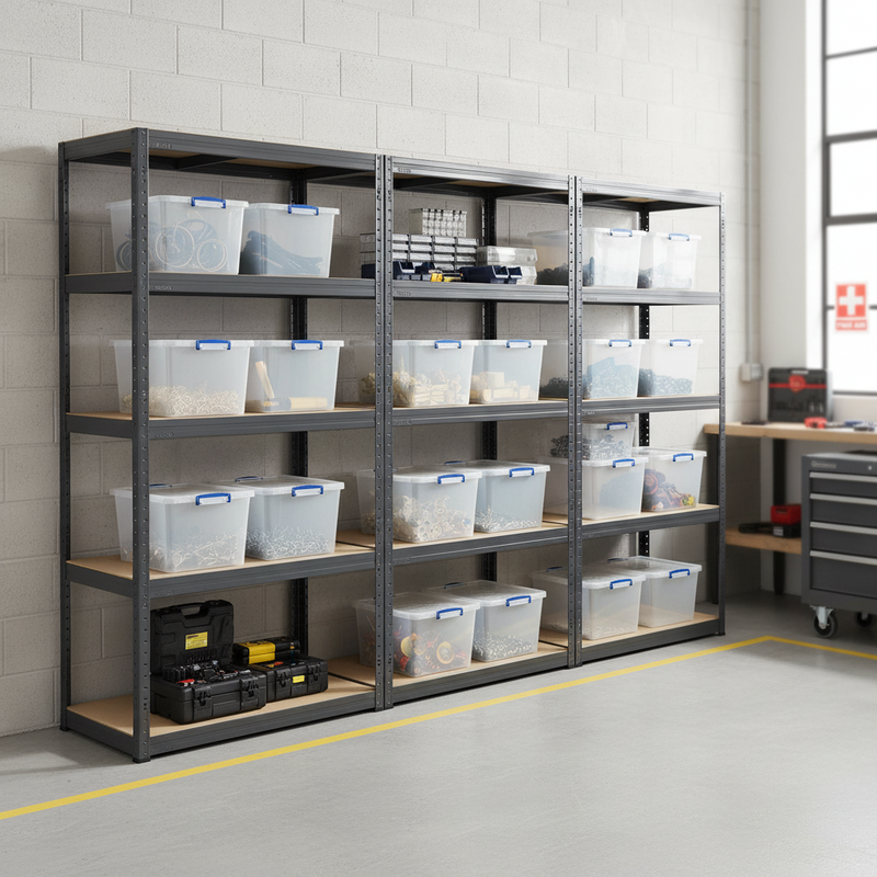 3x Heavy Duty Shelving Units - 2130mm High - Grey with 12x 33.5L Storage Boxes