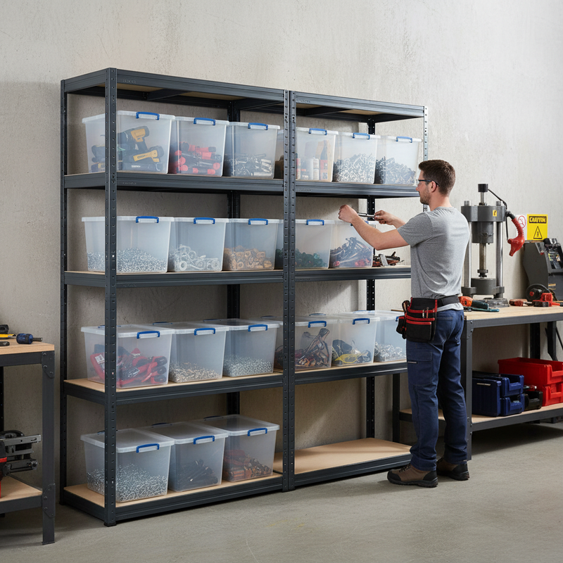 2x Heavy Duty Shelving Units - 2130mm High - Grey with 12x 33.5L Storage Boxes