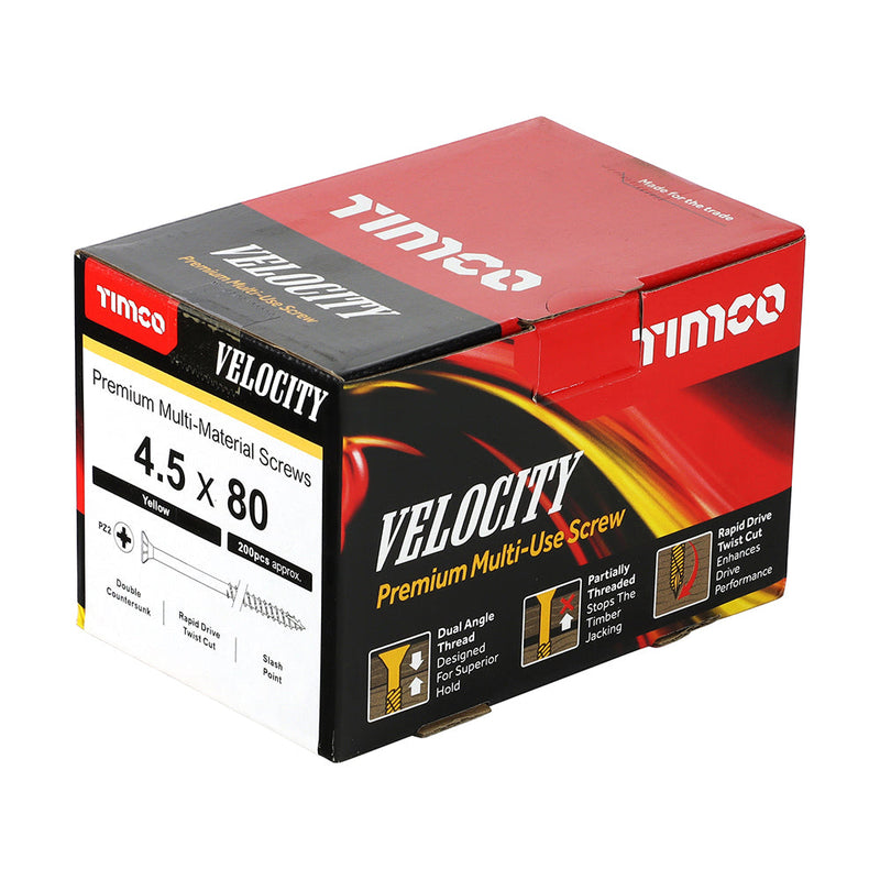 Velocity Premium Multi-Use Screws - PZ - Double Countersunk - Yellow - 4.5 x 80