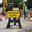 Professional Diverted Traffic Chevron Right Sign 1050x450mm - RA1 Reflective Sign Face with Durable Stand for Roadwork Safety