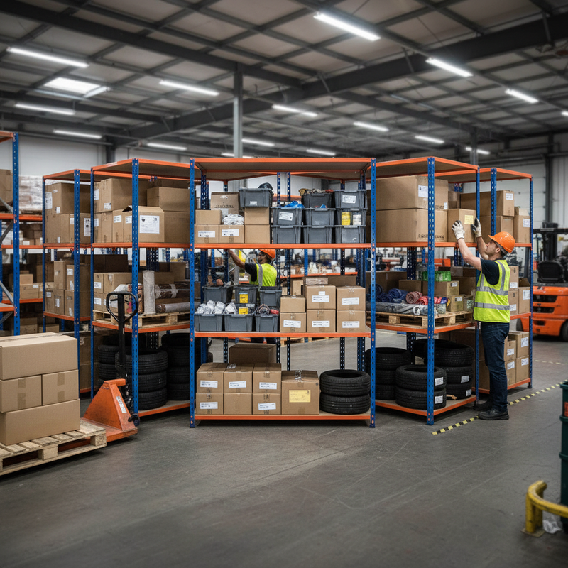 5x Heavy Duty Industrial Shelving - 3050mm High - 340kg Capacity - Chipboard - Blue & Orange