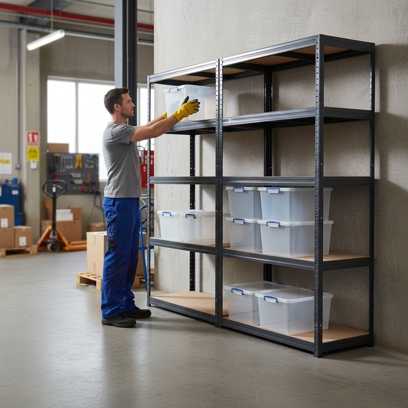 2x Heavy Duty Shelving Units - 2130mm High - Grey with 8x 33.5L Storage Boxes