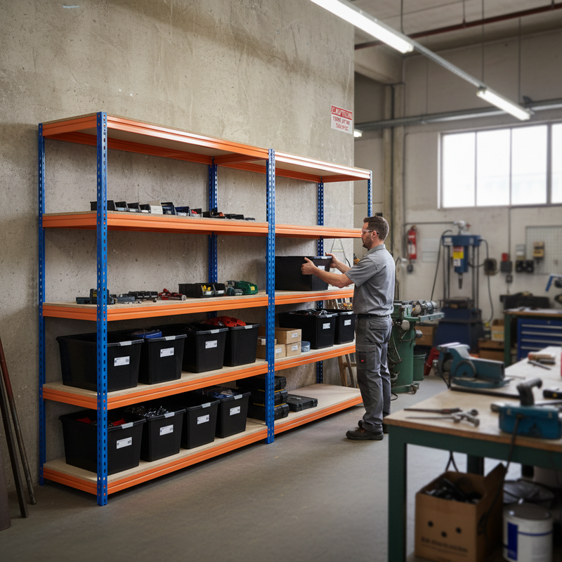 4x Heavy Duty Shelving - 2000mm High - Blue & Orange with 8x 37L Plastic Storage Boxes