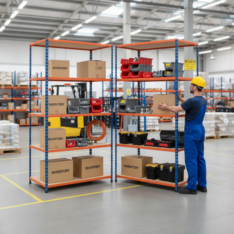 Heavy Duty Industrial Shelving - 1980mm High - 340kg Capacity - Chipboard - Blue & Orange