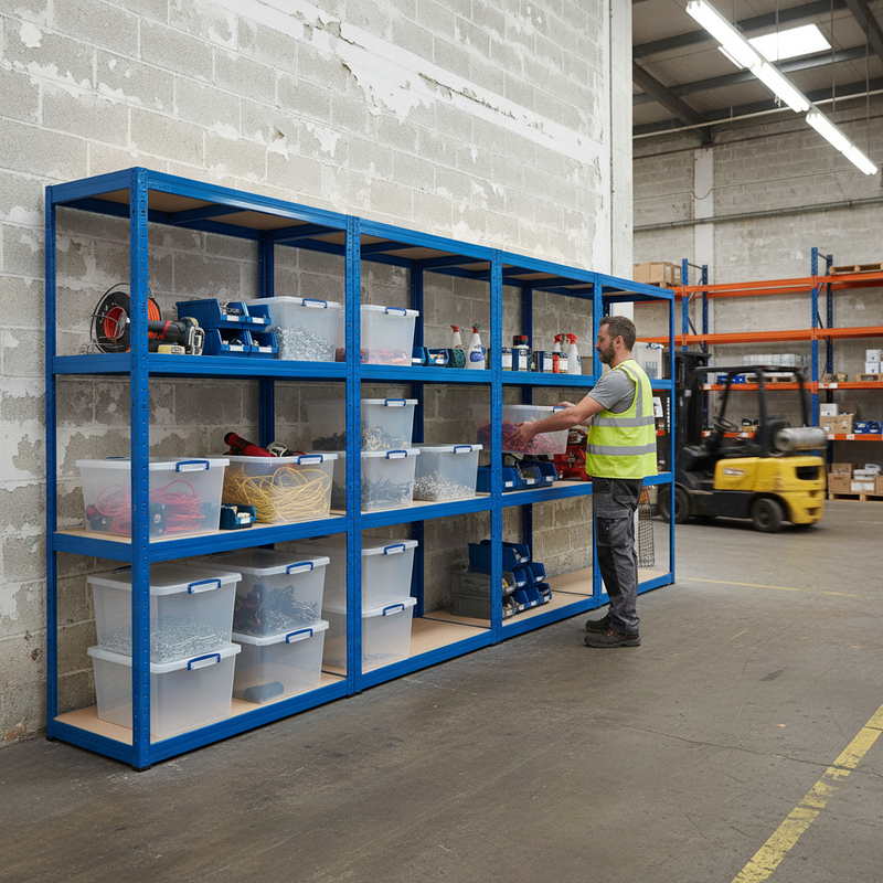 3x Heavy Duty Shelving Units - 1600mm High - Blue with 8x 33.5L Plastic Storage Boxes