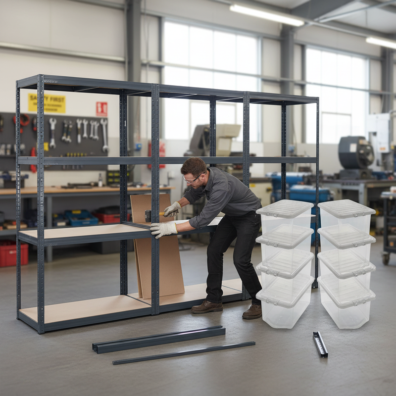 3x Heavy Duty Shelving Unit - 1600mm High - Grey with 8x 60L Plastic Storage Boxes