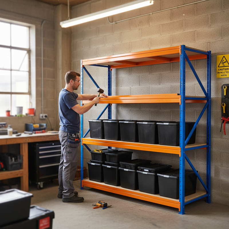 2x Premium Heavy Duty Shelving - 1770mm High - Blue & Orange with 12x 62L Plastic Storage Boxes