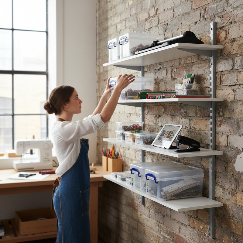 Premium Wall Mounted Shelving - 600mm Wide - Melamine - Silver Finish