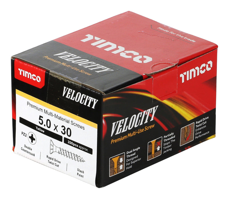 Velocity Premium Multi-Use Screws - PZ - Double Countersunk - Yellow - 5.0 x 30