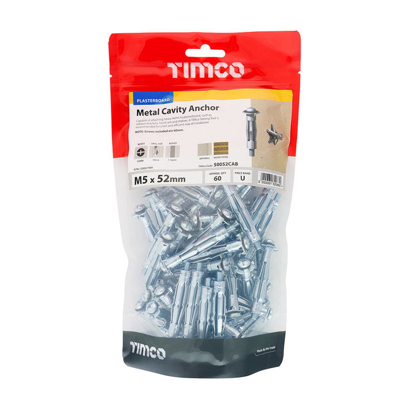 Metal Cavity Anchors - Zinc - M5 x 52 (60mm Screw)