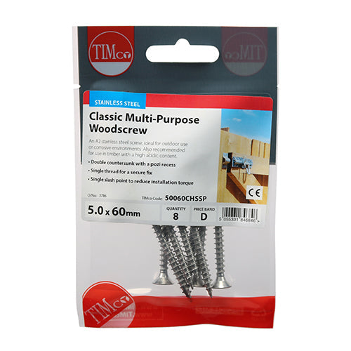 Classic Multi-Purpose Screws - PZ - Double Countersunk - Stainless Steel - 5.0 x 60