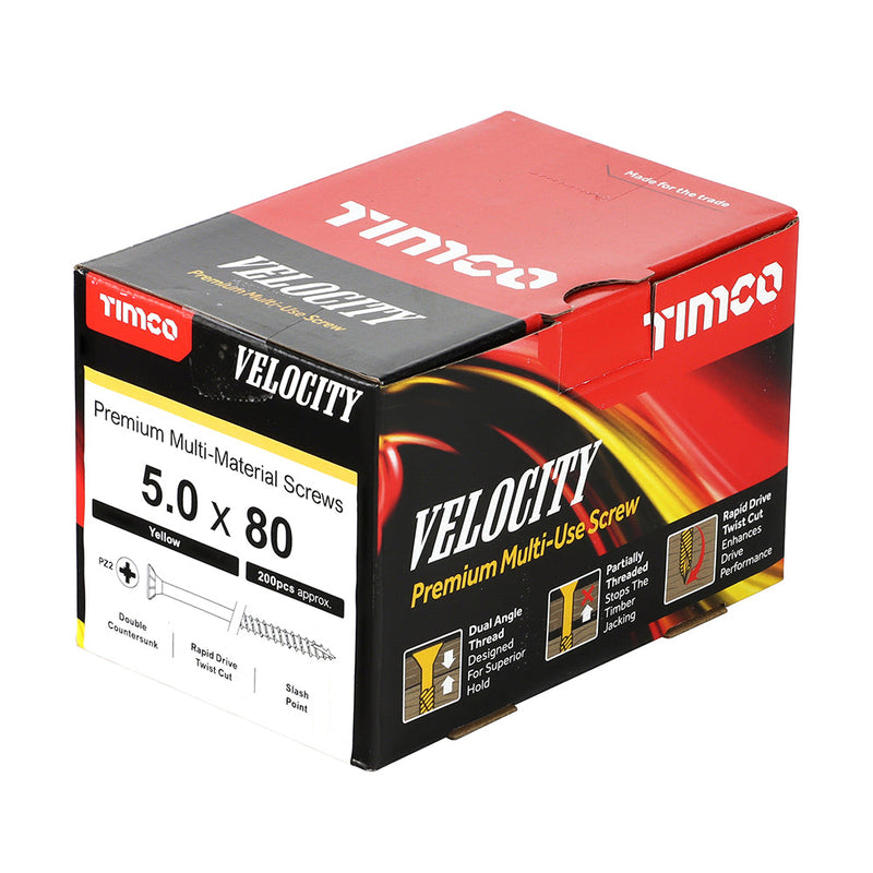 Velocity Premium Multi-Use Screws - PZ - Double Countersunk - Yellow - 5.0 x 80
