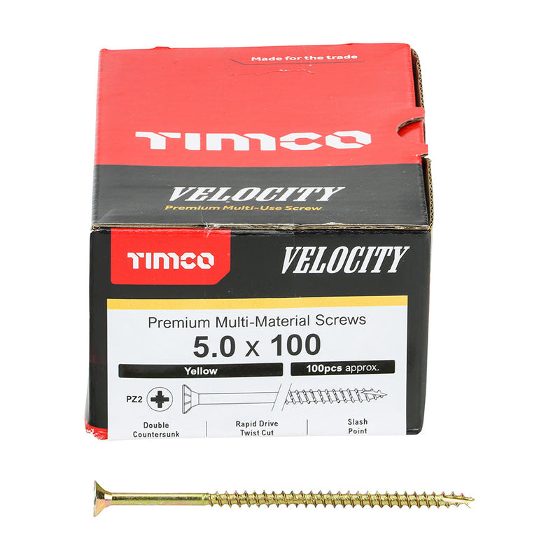 Velocity Premium Multi-Use Screws - PZ - Double Countersunk - Yellow - 5.0 x 100