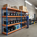 4x Heavy Duty Shelving - 2000mm High - Blue & Orange with 8x 37L Plastic Storage Boxes