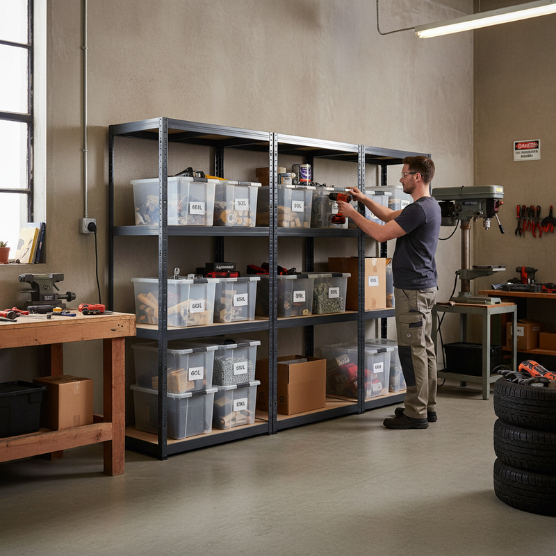 3x Heavy Duty Shelving Unit - 1600mm High - Grey with 8x 60L Plastic Storage Boxes