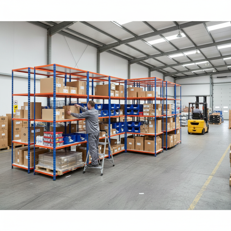 5x Heavy Duty Industrial Shelving - 2440mm High - 200kg Capacity - Melamine - Blue & Orange