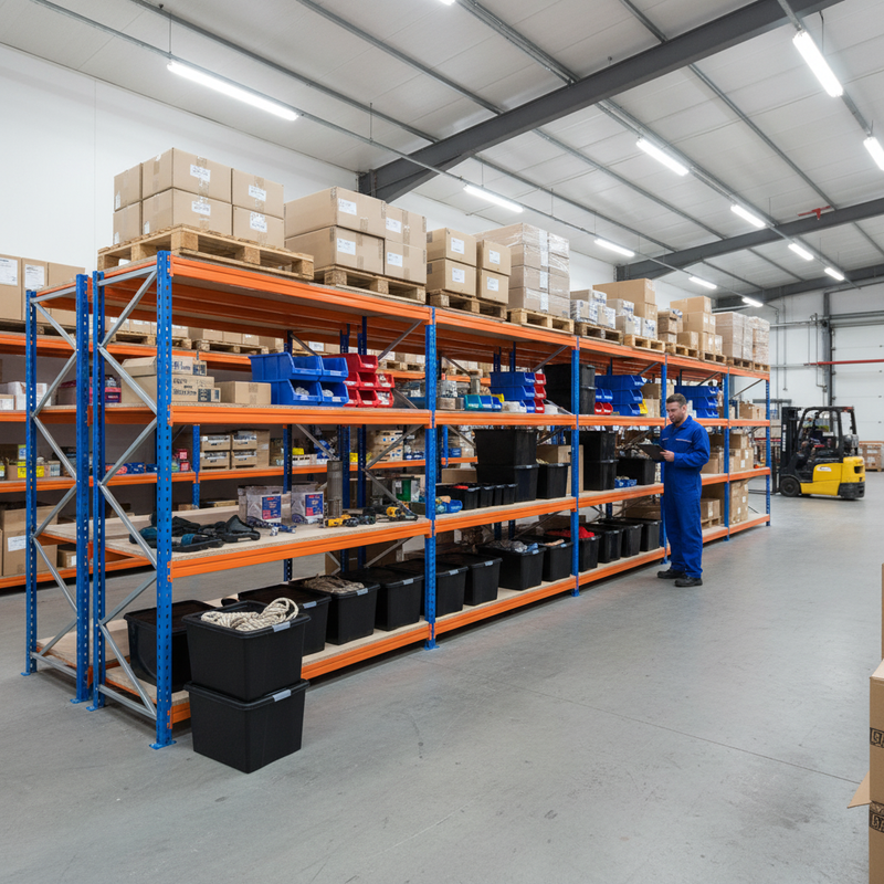 4x Heavy Duty Shelving - 1800mm High - Blue & Orange with 8x 62L Plastic Storage Boxes