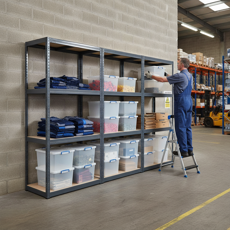 3x Heavy Duty Shelving Units - 1600mm High - Grey with 12x 33.5L Storage Boxes