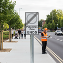 Professional Permanent Pedestrian Zone Ends Sign - Post Mounted Regulatory Traffic Sign for Safe Road Navigation
