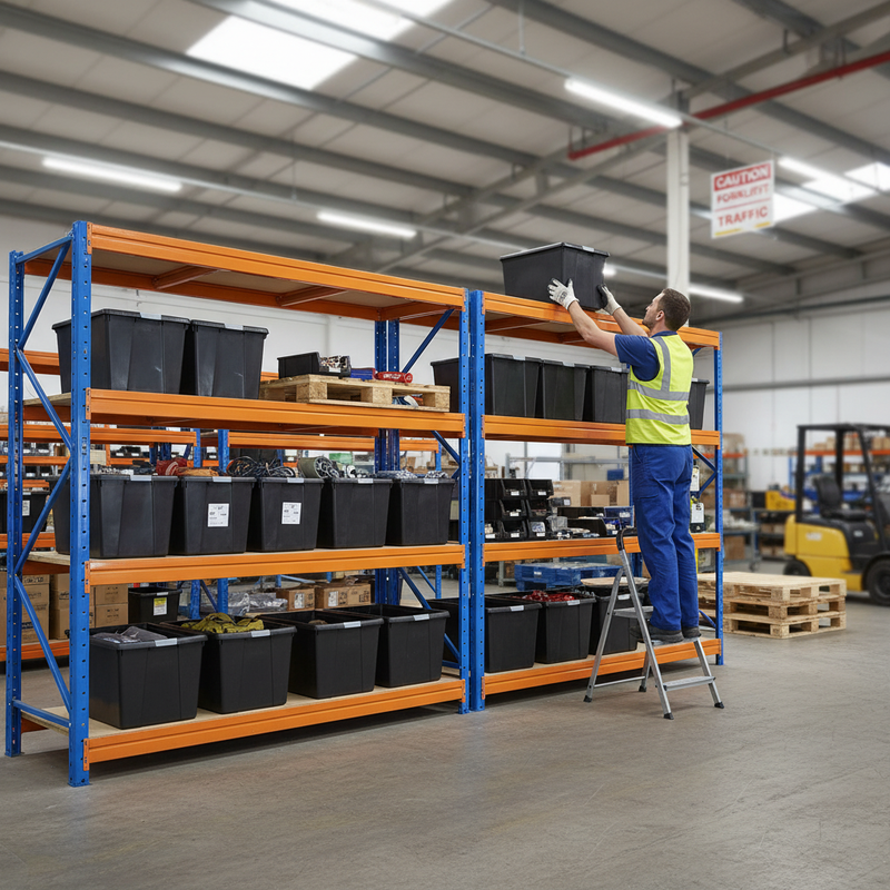 2x Heavy Duty Shelving - 1770mm High - Blue & Orange with 8x 62L Plastic Storage Boxes