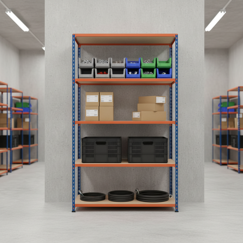 Premium Industrial Shelving - 2440mm High - 200kg Capacity - Chipboard - Blue & Orange
