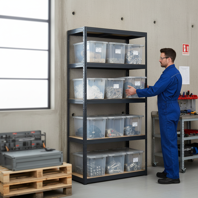 Premium Industrial Shelving Unit with 10x 37L Plastic Storage Boxes
