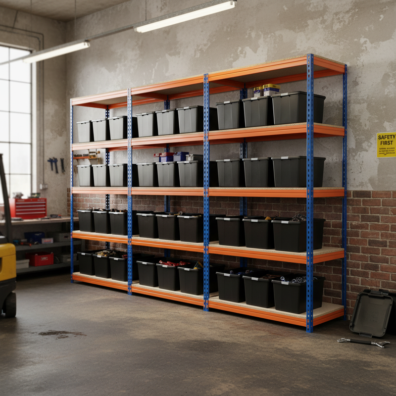 Premium Heavy Duty Shelving - 2000mm High - Blue & Orange with 12x 37L Storage Boxes