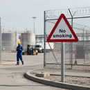 Premium No Smoking Post Mounted Sign - Diagram 554D with Customizable Sizes and Directional Arrows for Hazardous Areas