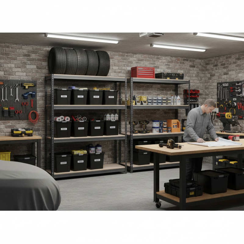 2x Premium Heavy Duty Shelving - 1600mm High - Grey with 8x 37L Plastic Storage Boxes