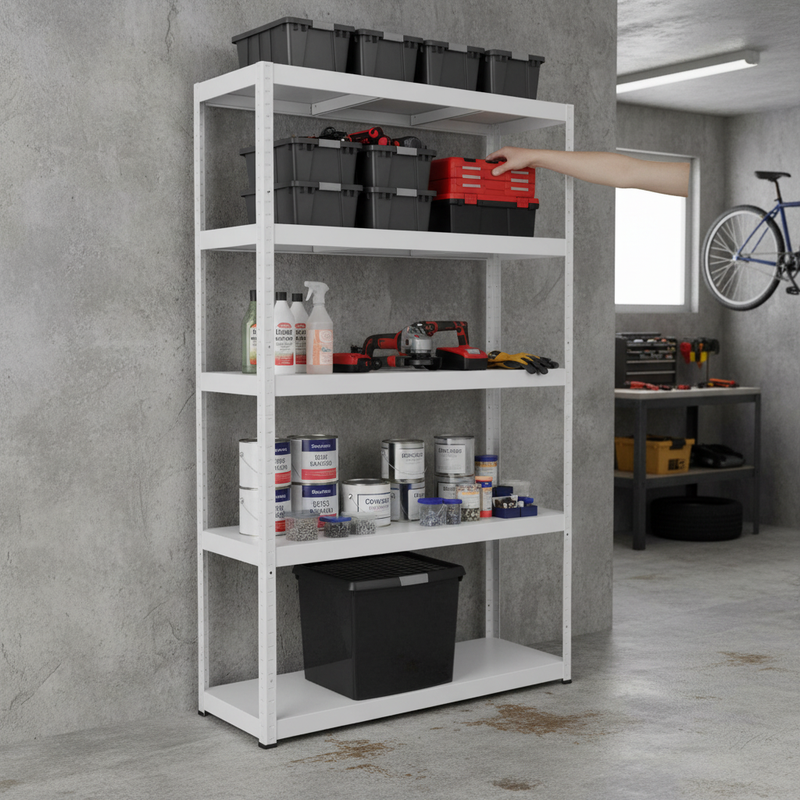 Heavy Duty Metal Garage Shelving - 1800mm High - 90/130kg Capacity - White