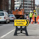 Professional Diverted Traffic Chevron Right Sign 1050x450mm - RA1 Reflective Sign Face with Durable Stand for Roadwork Safety
