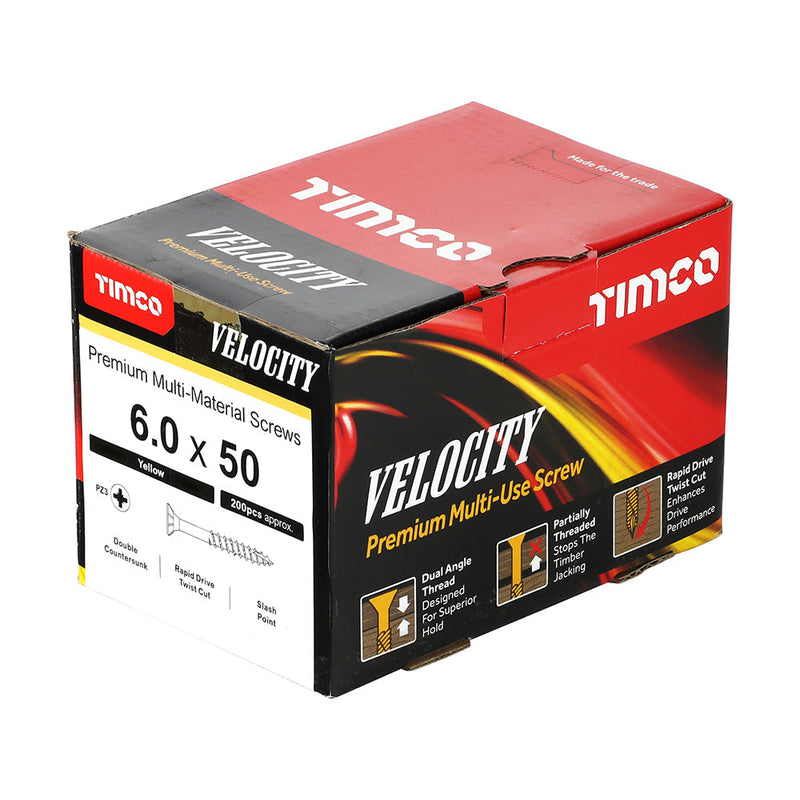 Velocity Premium Multi-Use Screws - PZ - Double Countersunk - Yellow - 6.0 x 50