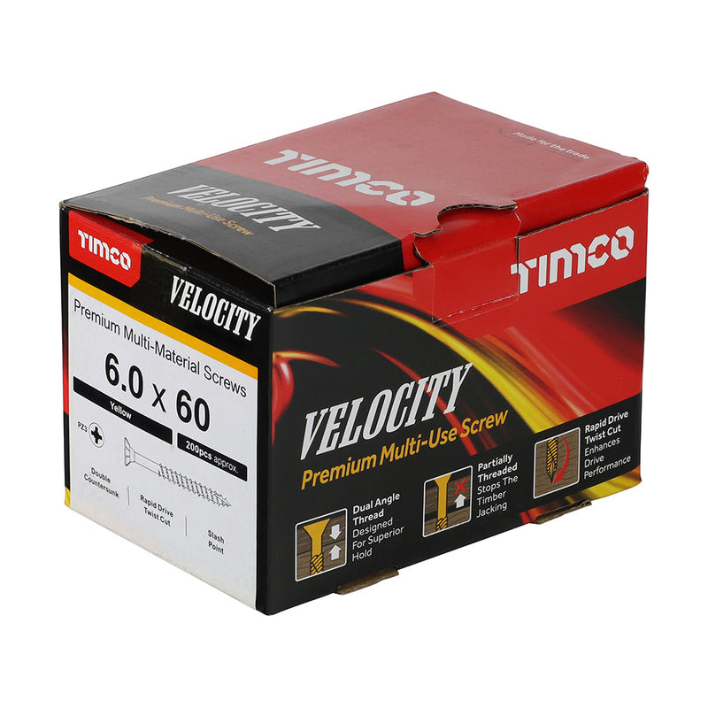Velocity Premium Multi-Use Screws - PZ - Double Countersunk - Yellow - 6.0 x 60