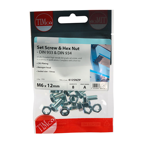 Set Screws & Hex Nuts - Grade 8.8 - Zinc - M6 x 12