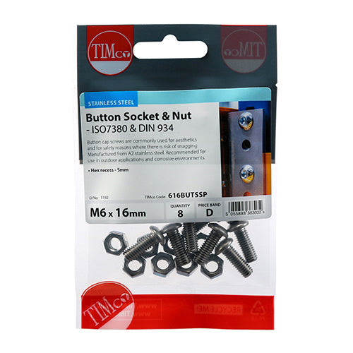Socket Screws & Hex Nuts - Button - Stainless Steel - M6 x 16