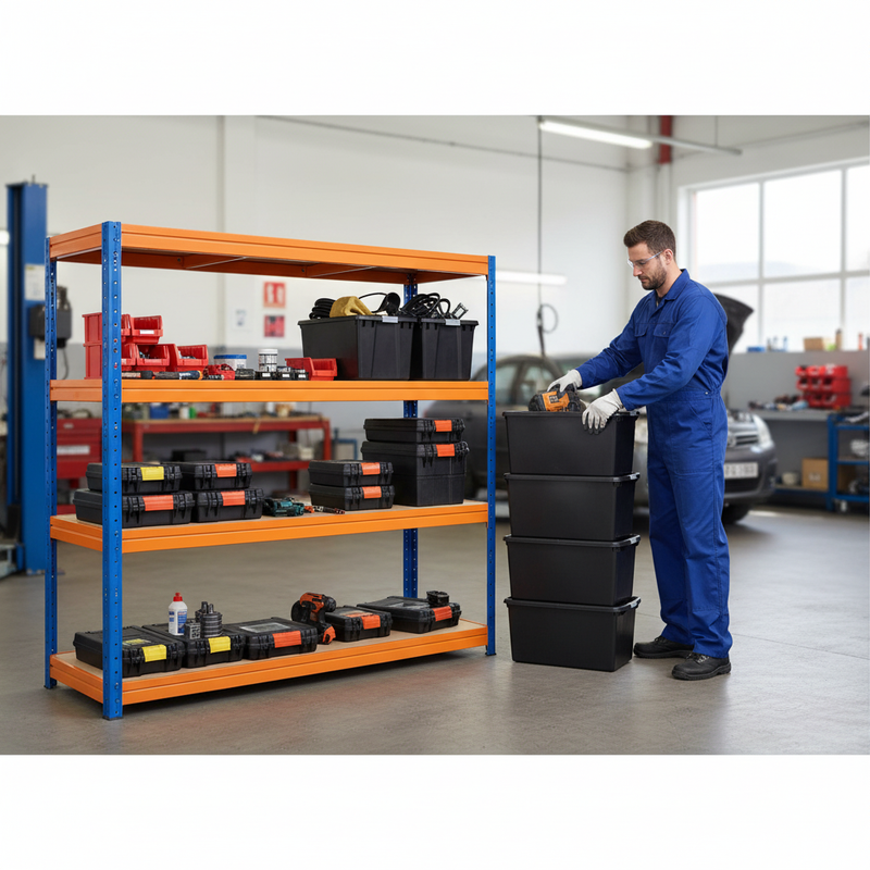 4x Heavy Duty Shelving - 1770mm High - Blue & Orange with 8x 62L Plastic Storage Boxes