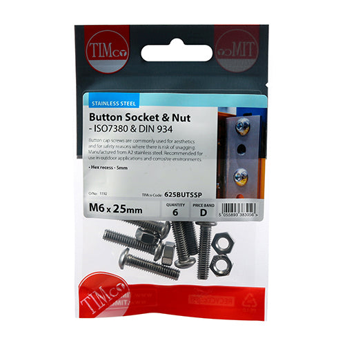 Socket Screws & Hex Nuts - Button - Stainless Steel - M6 x 25