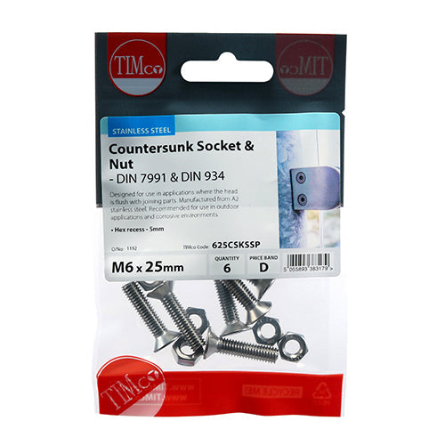 Socket Screws & Hex Nuts - Countersunk - Stainless Steel - M6 x 25
