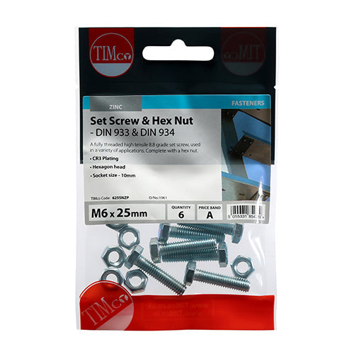 Set Screws & Hex Nuts - Grade 8.8 - Zinc - M6 x 25