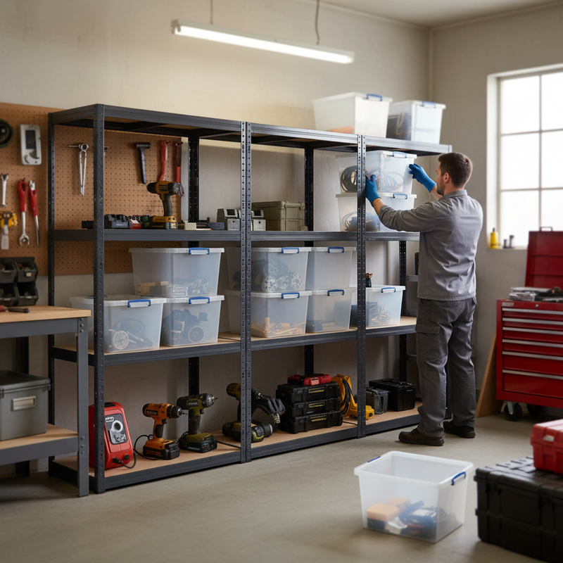 3x Heavy Duty Shelving Units - 1600mm High - Grey with 8x 33.5L Storage Boxes