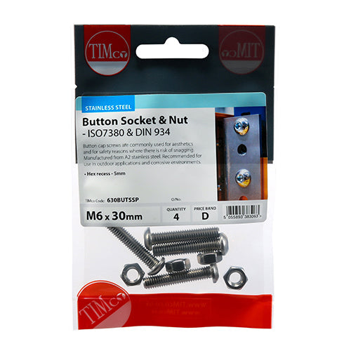 Socket Screws & Hex Nuts - Button - Stainless Steel - M6 x 30