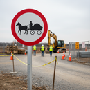Professional Horse-Drawn Vehicles Prohibited Post Mount Sign with Hazard Awareness for Safe Road Use