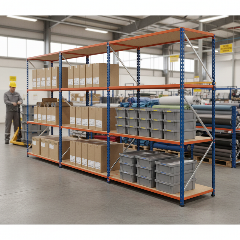 3x Premium Industrial Shelving - 2440mm High - 340kg Capacity - Chipboard - Blue & Orange